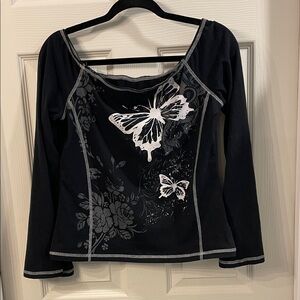 Butterfly Print Black Long Sleeve Top- off shoulder